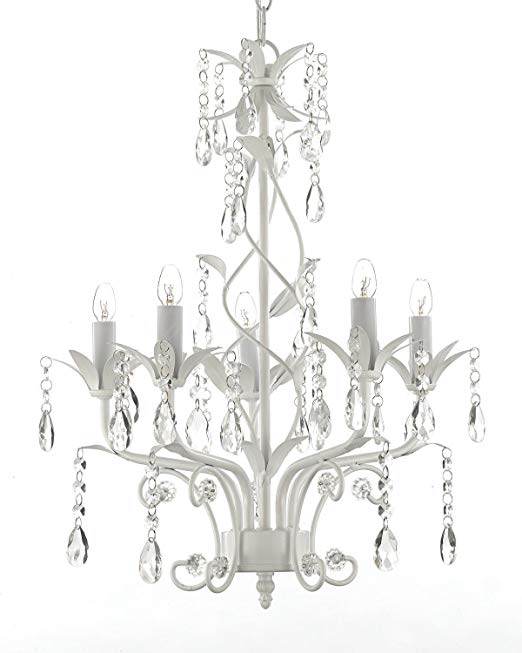 Wrought Iron and Crystal 5 Light White Chandelier Pendant Lighting H20.5" X W14.5" Can be Hardwired or Plugged in !