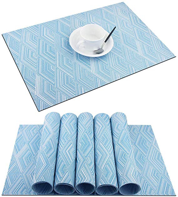 pigchcy Placemats,Washable Vinyl Woven Table Mats,Elegant Placemats for Dining Table Set of 6(Rhombus Pattern,Baby Blue)