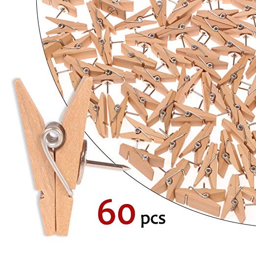 Push Pin with Wooden Clips, 60 Pcs Wooden Clips Thumbtacks for Documents/Artworks/School Projects/Photos/Notes/Papers/Cork Board/Bulletin Board, No Holes for The Paper, Wooden Pegs with Box (wood, 60)
