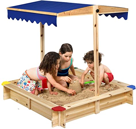 Costzon Kids Wooden Sandbox w/Convertible Canopy, Cedar Square Cabana Sandbox, Children Outdoor Playset for Backyard, Home, Lawn, Garden, Beach, Large Sand Box w/Height Adjustable & Rotatable Canopy