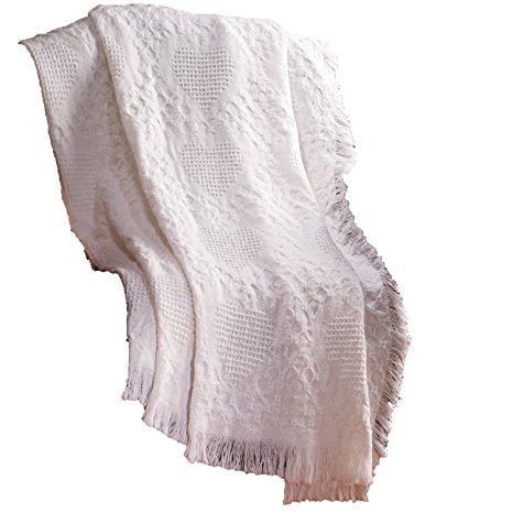Manual 46 X 60-Inch Basketweave Heart 2-Layer Cotton Throw Blanket, White