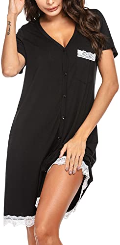Ekouaer Women's Nightgown Striped Tee Short Sleeve Sleep Nightshirt Breastfeeding Loungewear Button Down Pajama Dress