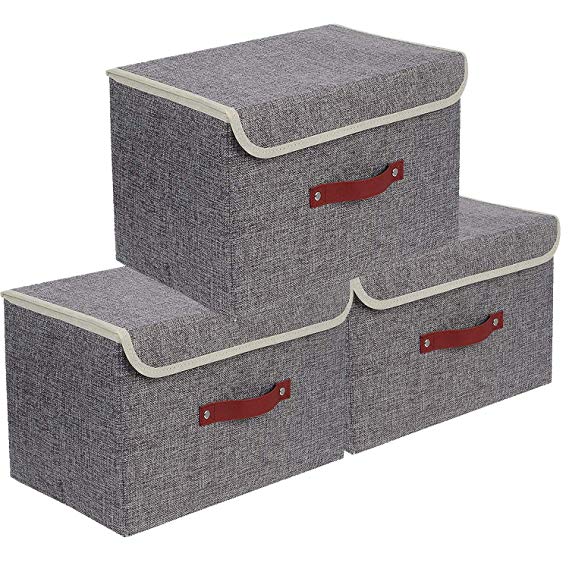 Storage Bins 3 Pack Foldable Storage Boxes with Lids Storage Baskets Storage Containers Organizers with Handles (Grey)