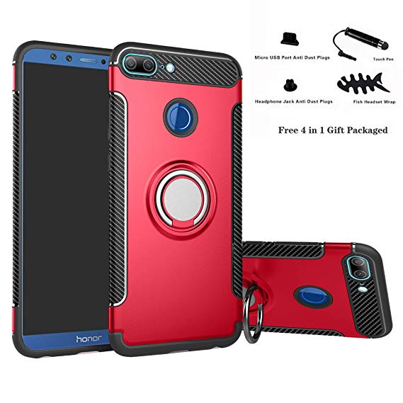 Honor 9 lite case,Labanema Hybrid Dual Layer 360 Degree Rotation Ring Holder Kickstand Armor Slim Protective Cover for Huawei Honor 9 lite - Red