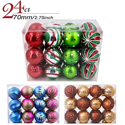 Valery Madelyn 24ct 70mm/2.75inch Delightful Traditional Shatterproof Christmas Ball Ornaments Decoration Red,Green, Silver and White, 24 Pcs Metal Hooks Included, Themed with Tree Skirt(Not Included)