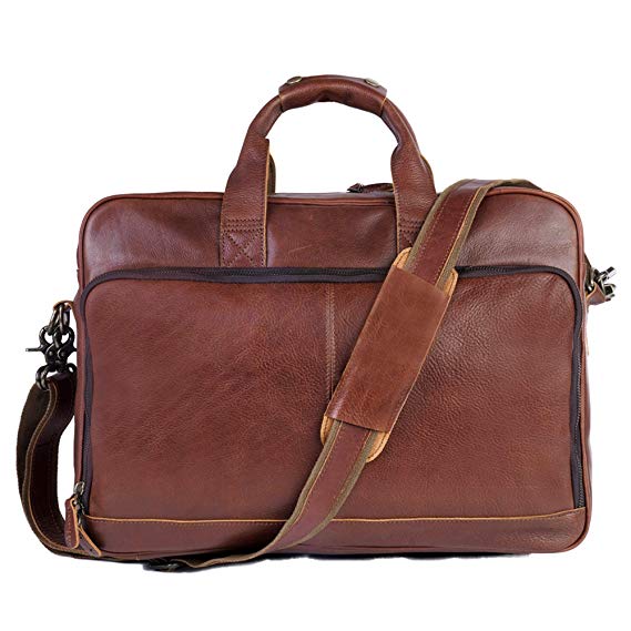Genuine Leather Briefcase Messenger Bag Sturdy Durable Fits 17.3''Laptop No Fading (Red Brown)