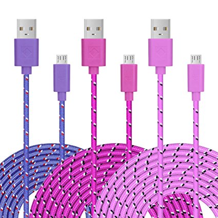 Micro USB Charger, Pofesun 10ft/3m Nylon Braided Tangle-Free Micro USB Cable Fast Charging Cord for Android/Windows/MP3/Camera and other Device-3 Pack(Pink,Purple,Rose)