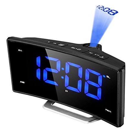 Projection Clock, Pictek FM Projection Alarm Clock, 2" LED Display Curved-Screen Digital FM Clock Radio with Dual Alarms, 12/24 Hour, USB Charging, Battery Backup