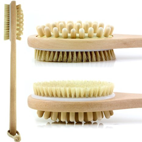 Natural Bristle Bath Body Brush - Exfoliating Scrub Brush - Effective for Wet and Dry Body Brushing - Long Handled Shower Back Scrubber Brush - Suitable for Men and Women