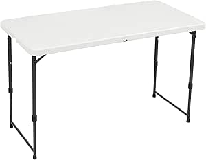 Amazon Basics 4 Foot Rectangular Folding Dining Table, 4 Adjustable Height Settings with Carrying Handle, Indoor & Outdoor, White, 47.8 x 23.9 x 33.9 inches