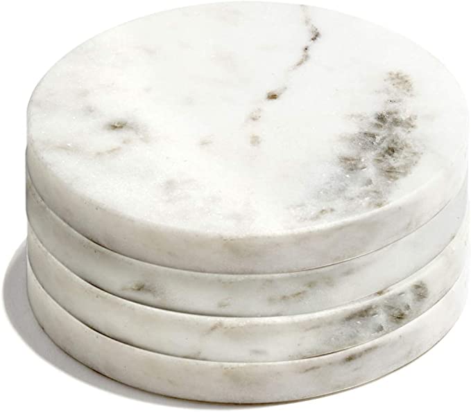 Real Marble Coasters for Drinks - Set of 4, Round White Marble Coasters, Natural Stone, Mid Century Coffee Table Decor