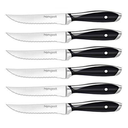 Homgeek New Style Steak Knives Set,German 1.4116 Stainless Steel Micro Serrated Steak Knives,6-Piece Heavy Steak Knife