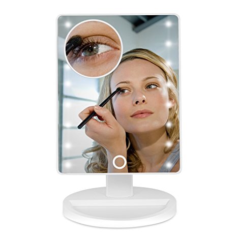 Lighted Makeup Mirror, BEW Vanity Mirror with 16 LED lights & Touch Screen Dimmable with Removable 10x Magnifying Spot Mirrors,180° Swivel Rotation Countertop Beauty Cosmetic Compact Mirror (White)