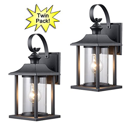Hardware House 23-0414 Black Outdoor Patio / Porch Wall Mount Exterior Lighting Lantern Fixtures with Clear Glass - Twin Pack
