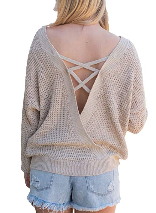 Asvivid Women's Long Sleeve Criss Cross Backless Casual Loose Knit Pullover Sweaters S-XL