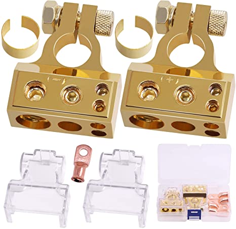 Rustark 1 Pair 0/4/8/10 Gauge AWG Positive Negative Car Battery Terminal Connectors with 2 Clear Covers and Shims for Car Auto Caravan Marine Boat Motorhome (Gold)