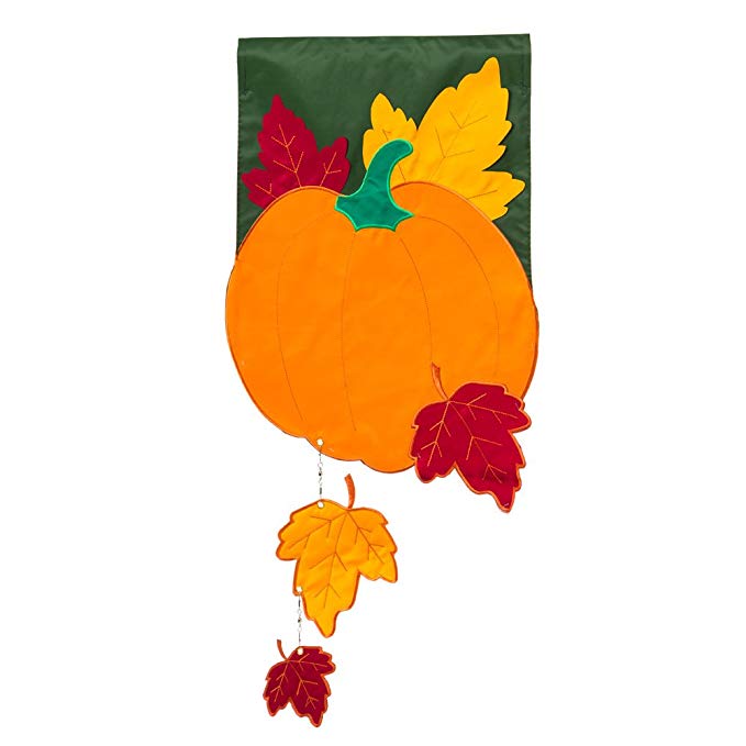 Evergreen Applique Fall Pumpkin with Falling Leaves Garden Flag, 12.5 x 18 inches