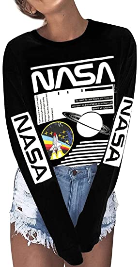 WLLW Women Long Sleeve Crew Neck NASA Letter Print NASA Shirt Blouse Sweatshirt