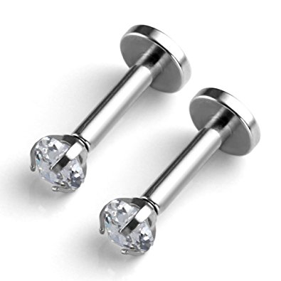 PiercingJ 2-4pcs 16g 316L Stainless Steel 3mm Cubic Zirconia Labret Monroe Lip Ring/ Tragus/ Helix Earring,6-12mm Bar Length