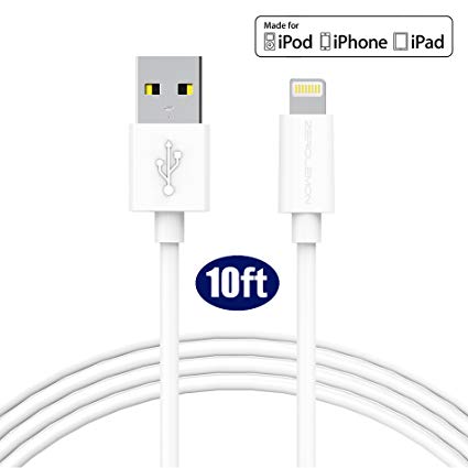 ZEROLEMON 10 ft/3 m Lightning USB Data and Charge Cable for iPhone, iPad and iPod - White
