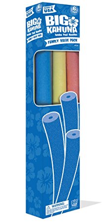 Splash Down Big Kahuna Pool Noodle, 4" Round, Red, Yellow, Blue & Green, 6 Pack