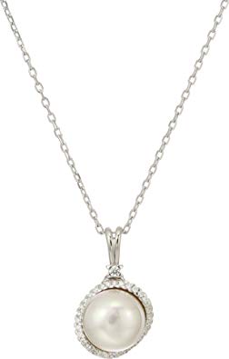 Majorica Womens Rosa 12mm White Flat Pearl Pendant w/CZ On Sterling Silver Chain 15-17"