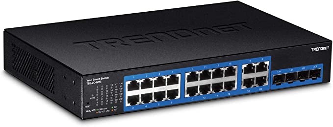 TRENDnet 20-Port Gigabit Web Smart Switch, 16 x Gigabit Ports, 4 x shared Gigabit Ports (RJ-45/SFP), VLAN, QoS, LACP, IPv6 Support, 40 Gbps Switching Capacity, Lifetime Protection, TEG-204WS,Black