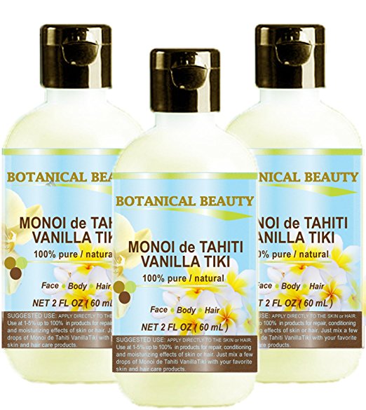 MONOI de TAHITI VANILLA TIKI OIL 100 % Natural / 100% PURE BOTANICALS. 2 Fl.oz.- 60 ml. For Skin, Hair and Nail Care.