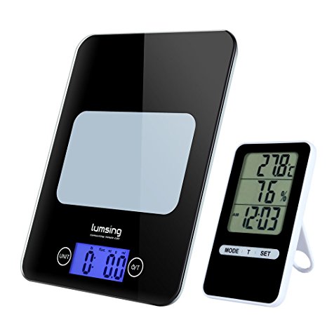 Lumsing 2 in 1 Digital Kitchen Food Scale with Removable Timer and Room Temperature, 11lb 5kg (Black, 5 Batteries Included)