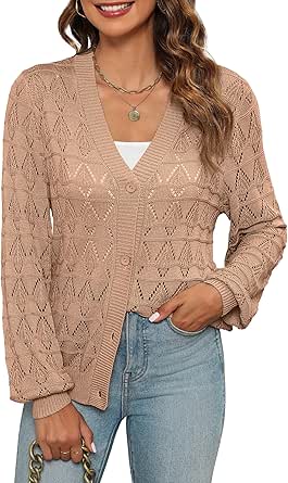 Zeagoo Women's Lightweight Crochet Cropped Cardigan 2024 V Neck Long Sleeve Button up Bolero Shrug Sweater