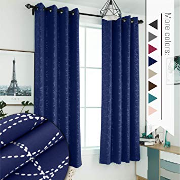 Sophia & William 52" W x 95" L Blackout Curtains with Grommets Thermal Insulated, Hot Stamping (Silver) Stitched Swirl Pattern - 2 Panels, Navy