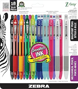 Zebra Pen Z-Grip Retractable Ballpoint Pen, Medium Point, Assorted Ink, Plus Z-Grip Mechanical Pencil, Medium Point, HB #2, Graphite, 18-Pack: 23618