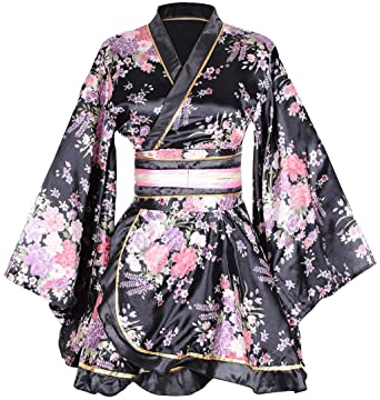 Women's Kimono Costume Adult Japanese Geisha Yukata Sweet Floral Patten Gown Blossom Satin Bathrobe Sleepwear with OBI Belt