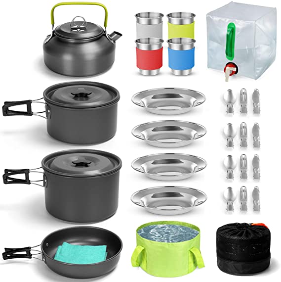 Odoland 29pcs Camping Cookware Mess Kit, Non-Stick Lightweight Pots Pan Kettle, Collapsible Water Container and Bucket, Stainless Steel Cups Plates Forks Spoons for Outdoor Backpacking Picnic