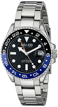 SO&CO New York Men's 5021.3 Yacht Club Stainless Steel Date Luminous Hands and Markers Blue and Black Unidirectional Bezel Stainless Steel Link Bracelet Watch
