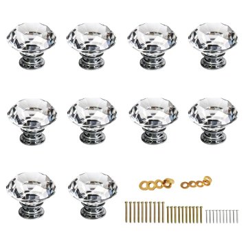 BTSKY 10PCS 30mm Clear Glass Crystal Cabinet Knob Cupboard Drawer Pull Handle Come with 3 kinds of Screws 10 PCS