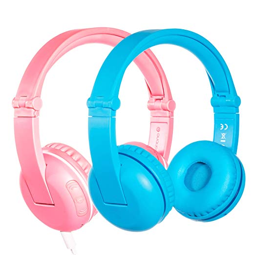 Wireless Bluetooth Headphones for Kids - BuddyPhones Play | Kids Safe Volume Limited to 75, 85 or 94 dB | Foldable with 14-Hour Battery Life | Optional Cable for Audio Sharing | Pink and Blue