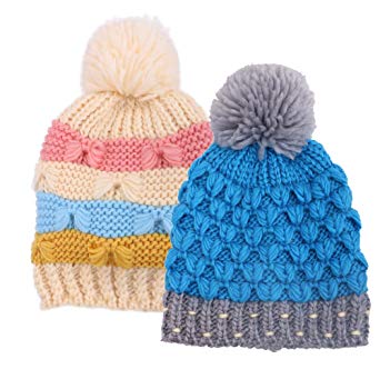 ARCTIC Paw Kids and Toddlers' Chunky Cable Knit Beanie with Yarn Pompom - Set of 2