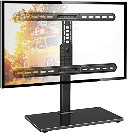 PERLESMITH Universal Swivel Table Top 37-65 inch LCD/OLED/Flat Screen/4K Height Adjustable TV Stand Mount with Heavy-Duty Tempered Glass Base, VESA 600x400mm, Black