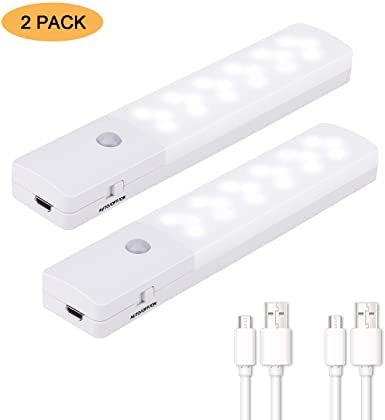 Motion Sensor Light, Wireless Night Light 18 LED USB Rechargeable Indoor Automatic Light Super Long Battery Life for Closet, Cabinet, Stairs, Drawer, Pantry, Cupboard, Wardrobe… (2 Pack)