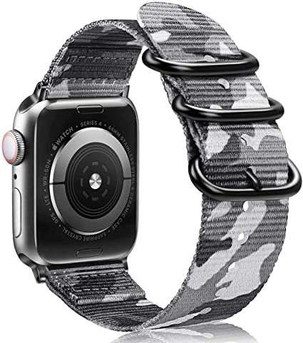 FINTIE Strap Compatible with Apple Watch 44mm 42mm Series 5/4/3/2/1- Lightweight Breathable Woven Nylon Sport Loop Wrist Band with Metal Buckle, Camo Grey