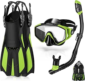 Odoland 4 in 1 Snorkel Set, Snorkeling Packages with Dry Top Diving Mask, Adjustable Swim Fins, Mesh Bag, Anti-Fog Anti-Leak Snorkeling Gear for Men Women