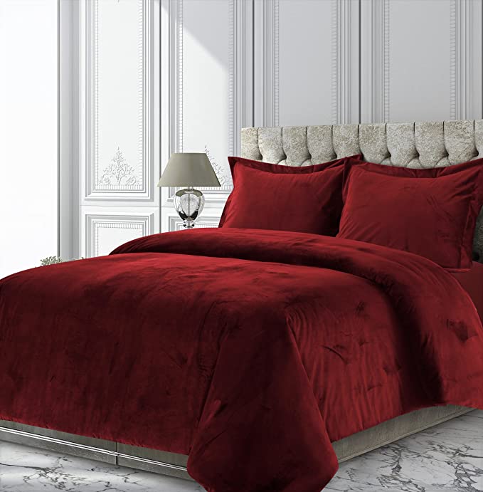 Tribeca Living VENICEDUVETQUBU Venice Velvet Oversized Solid Duvet Set, Queen, Burgundy