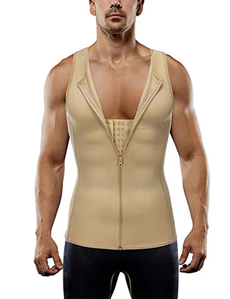 HEXIN Men Slimming Body Shaper Compression Shirt Zipper Closure Tight Undershirt Tummy Control Shapewear Bodysuit