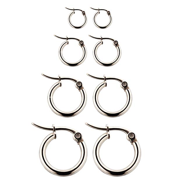 4 Pairs Stainless Steel Rounded Small Hoop Earrings Set for Women Nickel Free,Silver