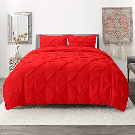 Nestl Bedding 3 Piece Pinch Pleat Duvet Cover Set | Cherry Red Duvet Cover with 2 Pillow Shams |Microfiber Full Duvet Cover Set