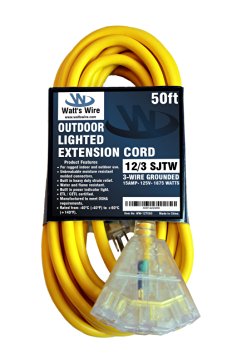Watt's Wire 12 Awg / 3 Conductor 50 foot Rugged Duty Grounded Multi Tap Indoor / Outdoor Extension Cords - 12/3 50' Heavy Duty SJTW Multiple Outlet Lighted Pigtail Power Cord NEMA 5-15 12 Awg