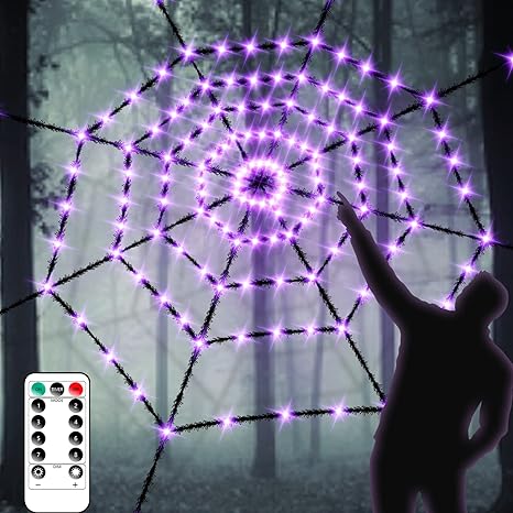 Makion Halloween Decorations 190 LEDs Spider Web Lights, 8.75 Ft Super-Realistic Giant Cobweb Indoor Outdoor Purple Lights, 8 Modes Remote Control Battery Operated Light for Décor Party Garden Yard