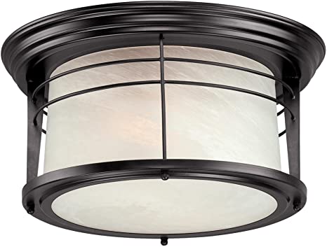 Westinghouse 6674600 Senecaville Two-Light Exterior Flush-Mount Fixture, Weathered Bronze Finish on Steel with White Alabaster Glass