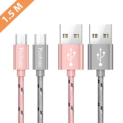 Micro USB Cable 2 Pack 5ft Yoobao Nylon Braided USB 2.0 Charger Tangle-Free Fast Charging & Data Sync Cord for Samsung S7/S6 Edge/S5/S4/Note 5, LG HTC Nokia Android Smartphones Tablets - Pink & Grey